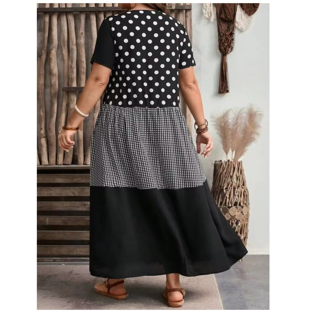 New Emery Rose Maxi Dress 1XL Plus Black White Polka Dot Gingham Patchwork Artsy - Picture 3 of 11